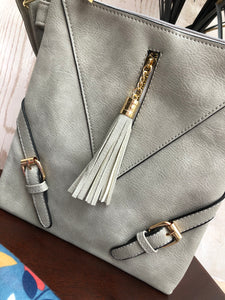 Ladies Crossbody Handbag Double Zip Compartments Tassel and Buckle Detail - GREY