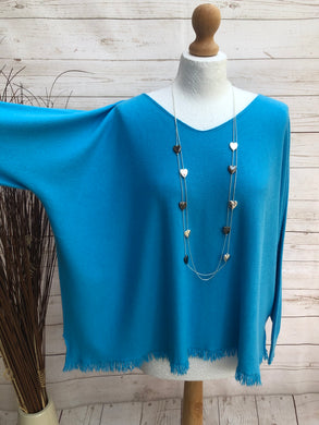 Ladies REALE BLUE Italian Made V Neck Tassel Detail Long Sleeve Jumper - One Size 8 - 18