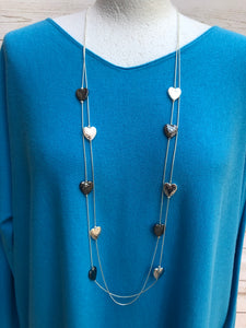 Silver Tone Double Strand Heart Detail Fashion Statement Necklace