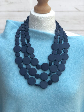 Wooden 3 Tier Fashion Statement Necklace - Navy Blue
