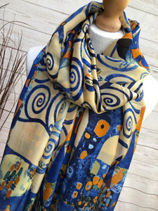 Ladies 100% SILK Painter Klimt Tree of Life Print BLUE ORANGE Fashion Scarf
