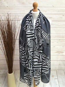Ladies Women Zebra Colour Block Designer Print GREY BLACK Fashion Scarf
