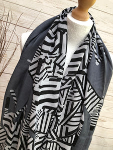 Ladies Women Zebra Colour Block Designer Print GREY BLACK Fashion Scarf