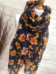 Ladies Yellow Daffodil Print NAVY BLUE Fashion Scarf