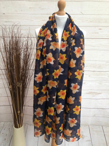 Ladies Yellow Daffodil Print NAVY BLUE Fashion Scarf