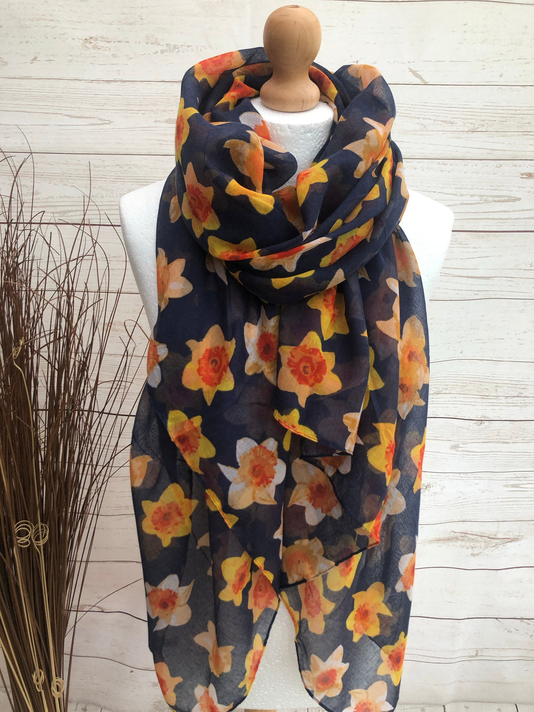 Ladies Yellow Daffodil Print NAVY BLUE Fashion Scarf