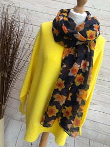 Ladies Yellow Daffodil Print NAVY BLUE Fashion Scarf