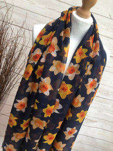 Ladies Yellow Daffodil Print NAVY BLUE Fashion Scarf