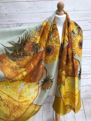 Ladies 100% SILK Painter Van Gogh Sunflowers Print YELLOW Fashion Scarf