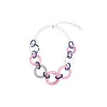 Silver Tone Large Link Fashion Statement Necklace - Pink Lilac Navy Blue