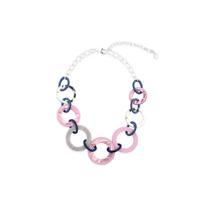 Silver Tone Large Link Fashion Statement Necklace - Pink Lilac Navy Blue